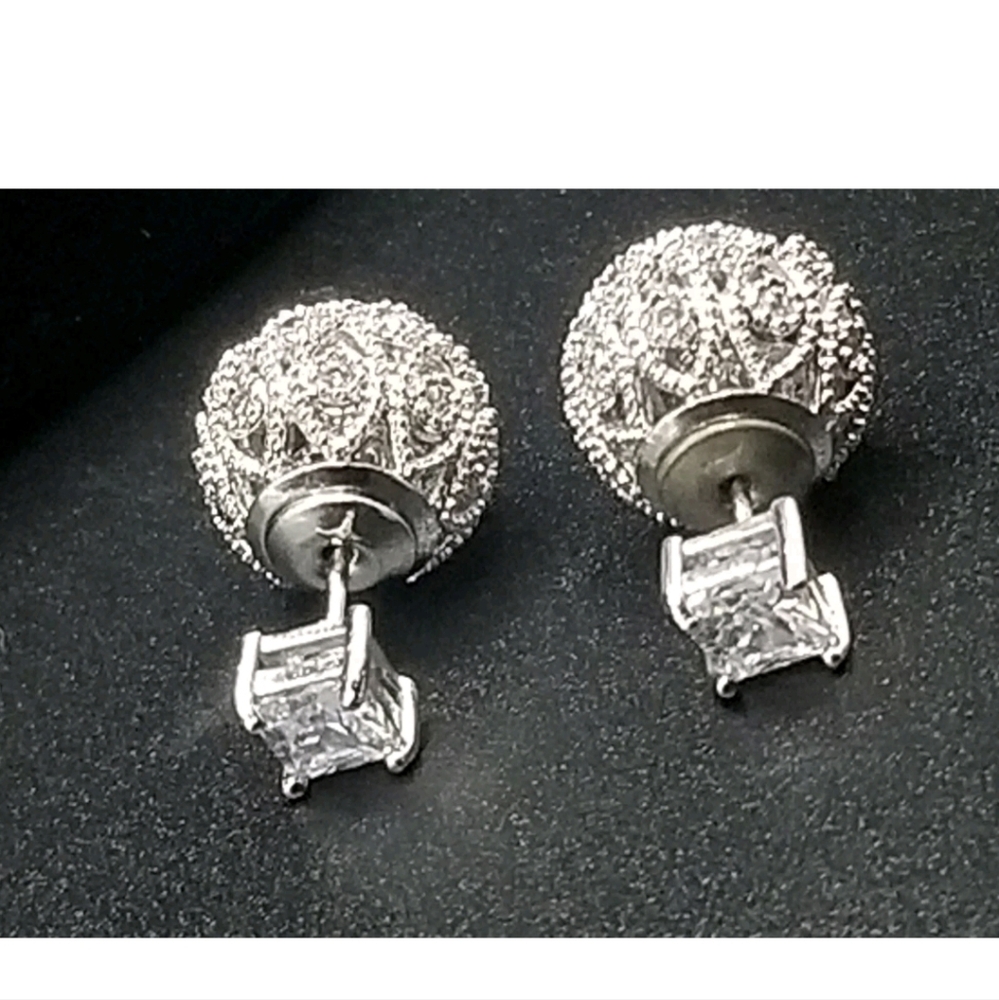 ORROUS & CO 18k White Gold Plated Cubic Zirconia Princess Ball Studs Reversible - Picture 7 of 8